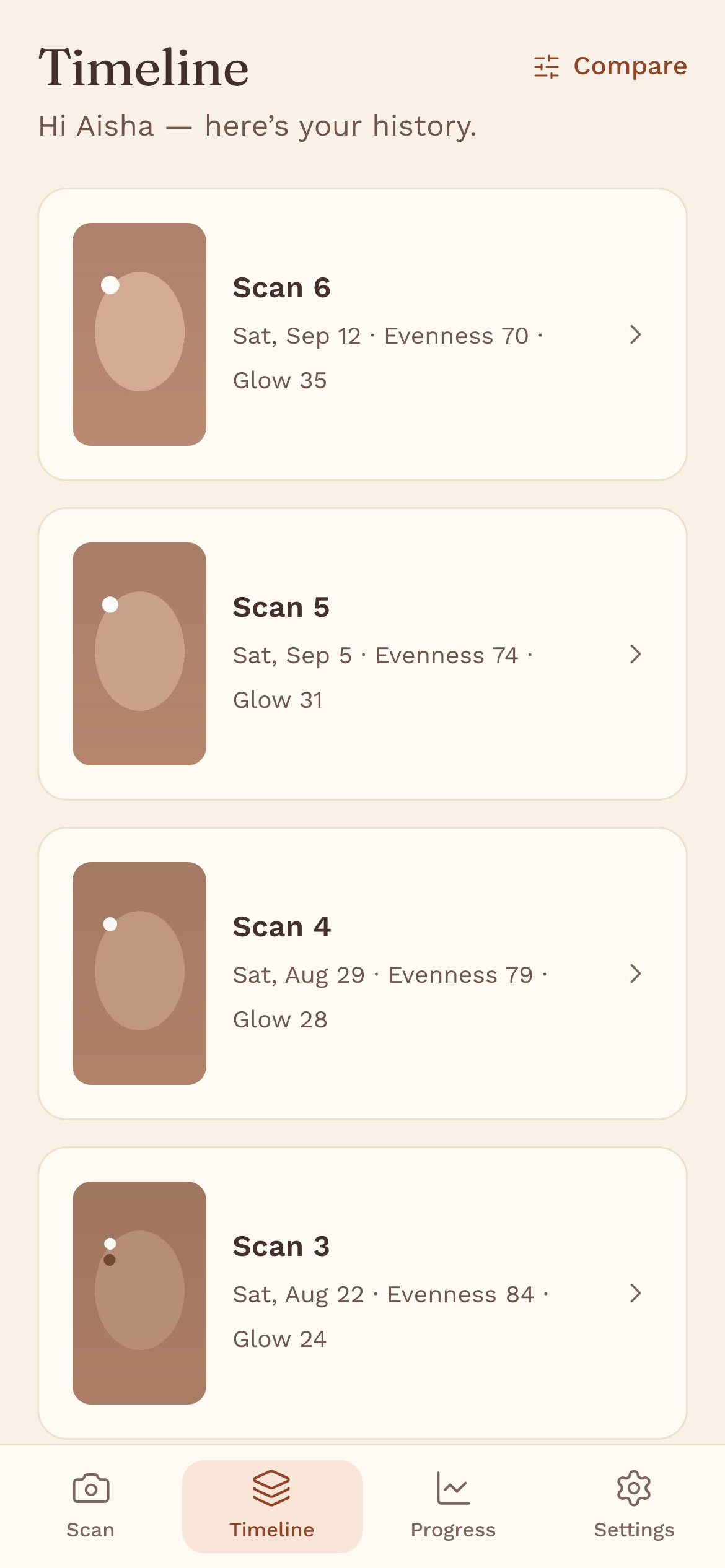 Facial Glow Tracker progress timeline